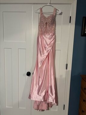 Sherri Hill Pink Lace Beaded Satin Prom Gown